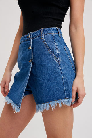 Medium Wash Denim Frayed-Trim Skort