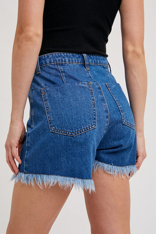 Medium Wash Denim Frayed-Trim Skort