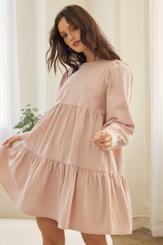 Dusty Pink Cotton Twill Baby Doll Ruffle Back Tie Dress