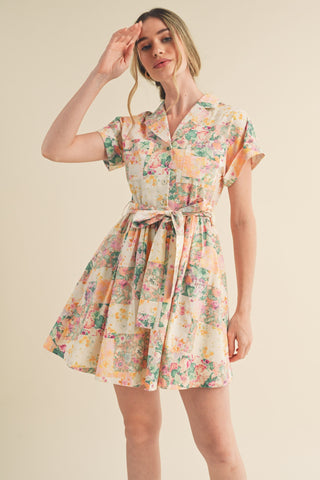 Pink Multi Floral Button Down Short Sleeve Mini Dress