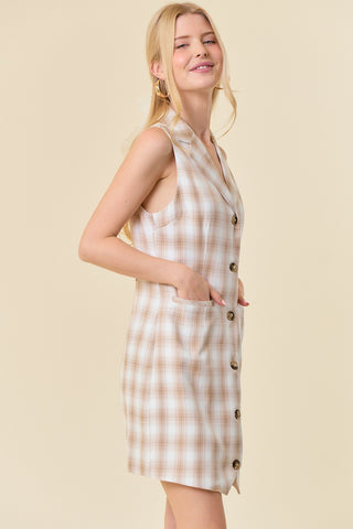 Light Beige Collared V-Neck Plaid Tailored Mini Dress