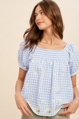 Powder Blue Floral Embroidery Gingham Smock Blouse