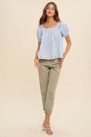 Powder Blue Floral Embroidery Gingham Smock Blouse