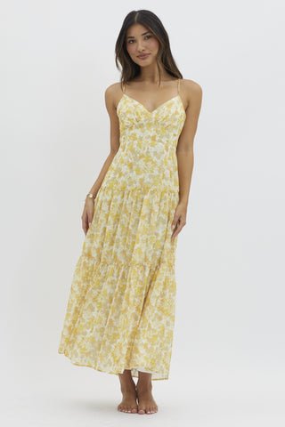 Yellow V Neckline Floral Print Maxi Dress