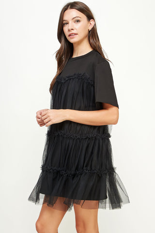 Black Tulle Overlay Tiered Mini Dress