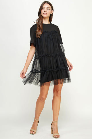 Black Tulle Overlay Tiered Mini Dress