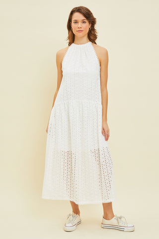 White Sleeveless Drop Waist Eyelet Dress