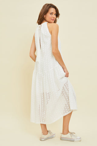 White Sleeveless Drop Waist Eyelet Dress