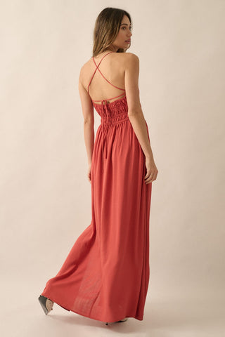 Rust Solid Gather-Bodice Straight-Neck Maxi Dress