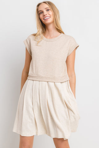 Oatmeal Contrast Pleated Mini Dress