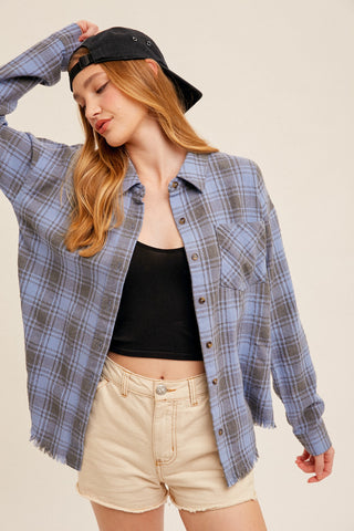 Dusty Blue Fringe Hem Oversized Plaid Button Down Shirt