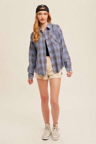 Dusty Blue Fringe Hem Oversized Plaid Button Down Shirt