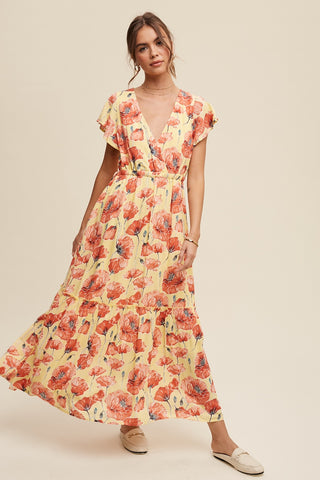 Light Yellow Floral Print V-Neck Maxi Dress