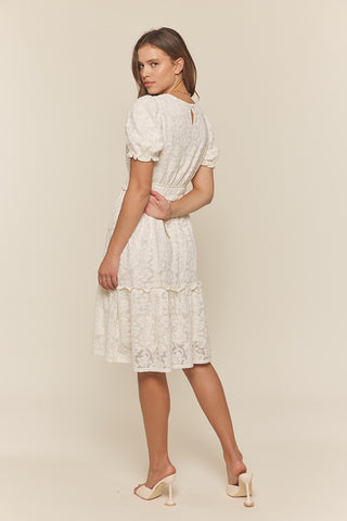 Off White Ruffle Detail Lace Dress