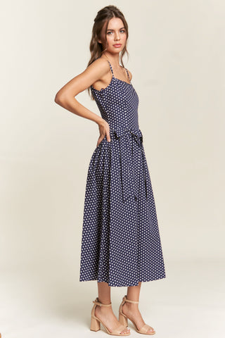 Navy Polka Dot Bow Midi Dress