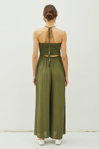 Olive Back Cutout Smocked Halter Wide Leg Jumpsuit