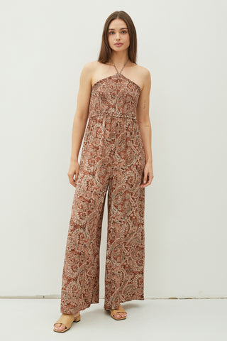 Rust Print Back Cutout Smocked Halter Wide Leg Jumpsuit