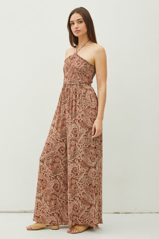 Rust Print Back Cutout Smocked Halter Wide Leg Jumpsuit