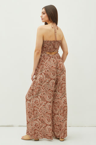 Rust Print Back Cutout Smocked Halter Wide Leg Jumpsuit