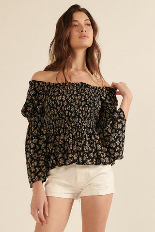 Black Floral Print Off-Shoulder Peasant Top