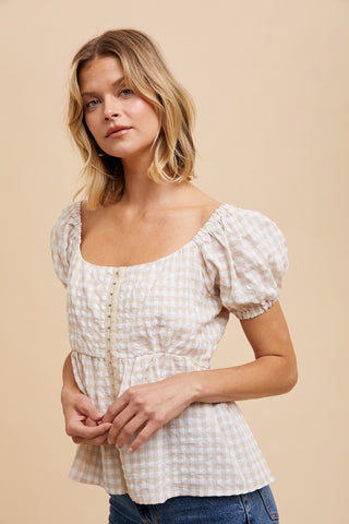 Natural Linen Gingham Babydoll Top