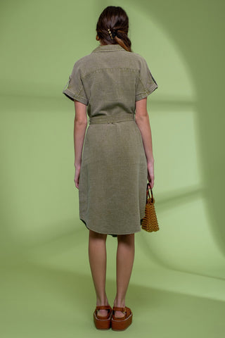 Dark Olive Washed Button Down Belted Midi Dress