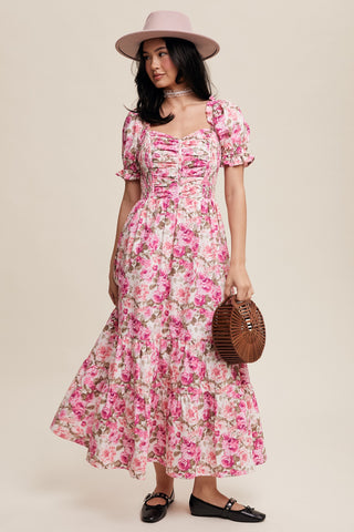 Mulberry Floral Cinched Sweetheart Romantic Maxi Dress