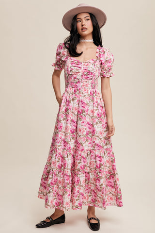 Mulberry Floral Cinched Sweetheart Romantic Maxi Dress