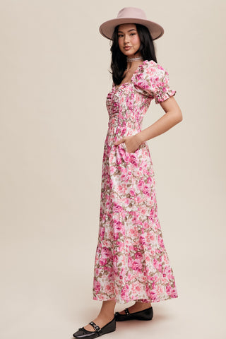 Mulberry Floral Cinched Sweetheart Romantic Maxi Dress