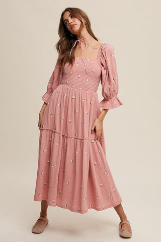 Deep Rose Ditzy Floral Embroidery Puff Sleeve Maxi Dress