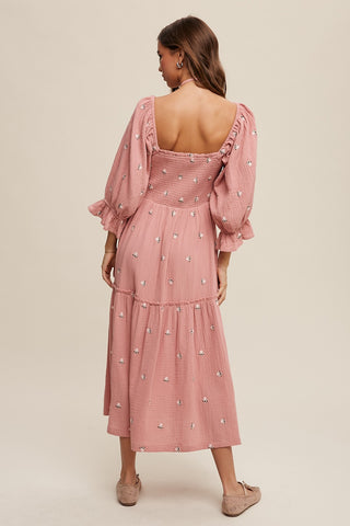 Deep Rose Ditzy Floral Embroidery Puff Sleeve Maxi Dress