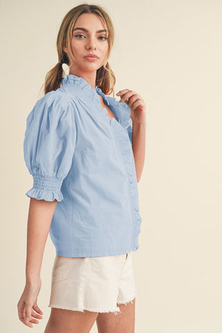 Powder Blue Smocked Ruffle Trim Puff Sleeve Top