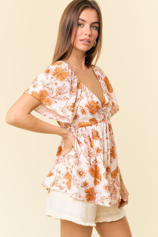 Apricot Floral Print V-Wire Flutter Short Sleeve Babydoll Blouse