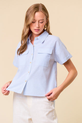 Blue Pin Stripe Short Sleeve Utility Button-Down