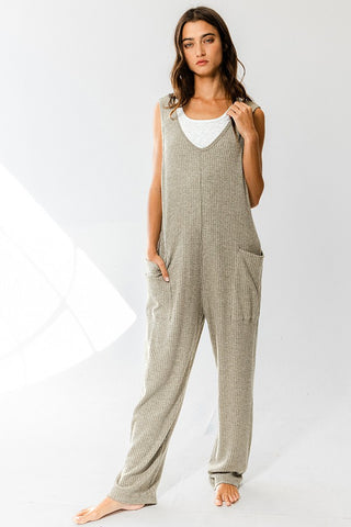 Olive Oversize Tank Textured Knit Jumpsuit With Pockets