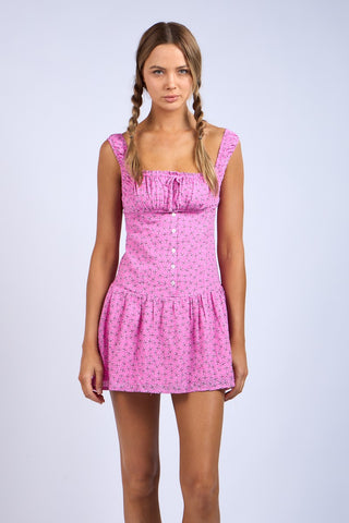 Pink Floral Pattern Ruched Bust Wide Strap Mini Dress