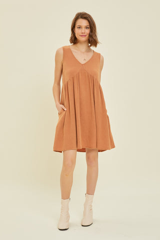 Rust Mineral-Washed Gauze V-Neck Flare Mini