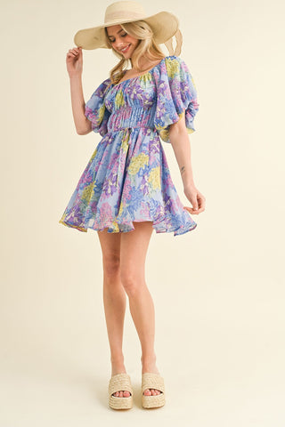 Blue Multi Floral Print Bubble Sleeve Flared Mini Dress