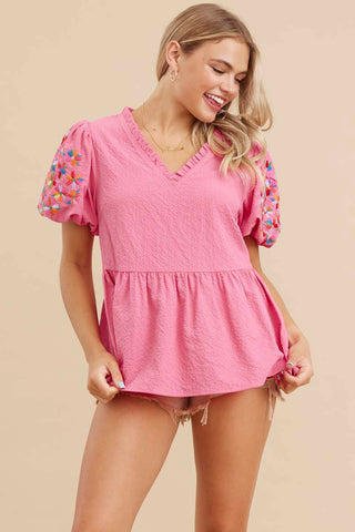 Bubble Gum Solid Baby Doll Top With Embroidery