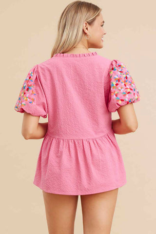 Bubble Gum Solid Baby Doll Top With Embroidery