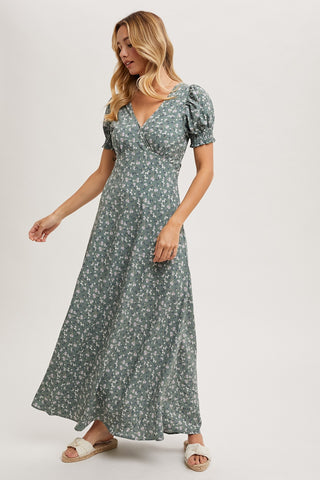 Sage Floral Print V-Neck Maxi Dress