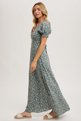 Sage Floral Print V-Neck Maxi Dress