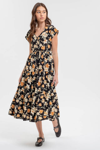 Black Multi Button Down Tiered Floral V Neck Midi Dress