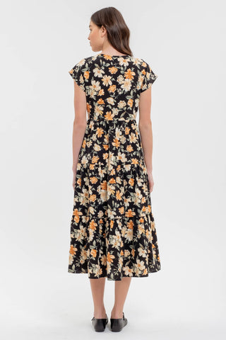 Black Multi Button Down Tiered Floral V Neck Midi Dress