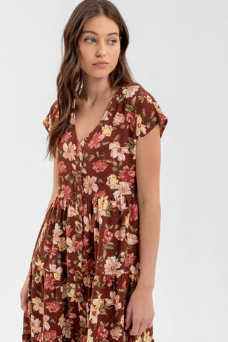 Burgundy Multi Button Down Tiered Floral V Neck Midi Dress