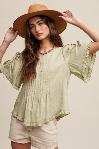 Green Lily Linen Bow Tie Sleeve Pleated Blouse Top