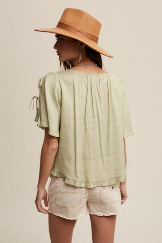 Green Lily Linen Bow Tie Sleeve Pleated Blouse Top