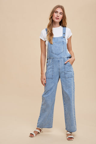 Light Denim Soft Mineral Wash Straight Wide Leg Overall Jeans