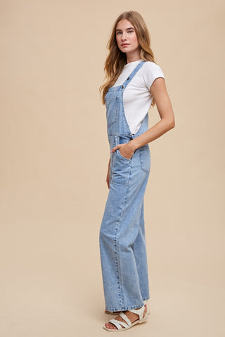 Light Denim Soft Mineral Wash Straight Wide Leg Overall Jeans