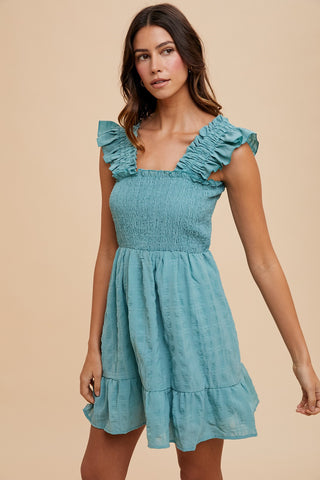 Dark Mint Textured Frill Detail Smocked Bodice Mini Dress